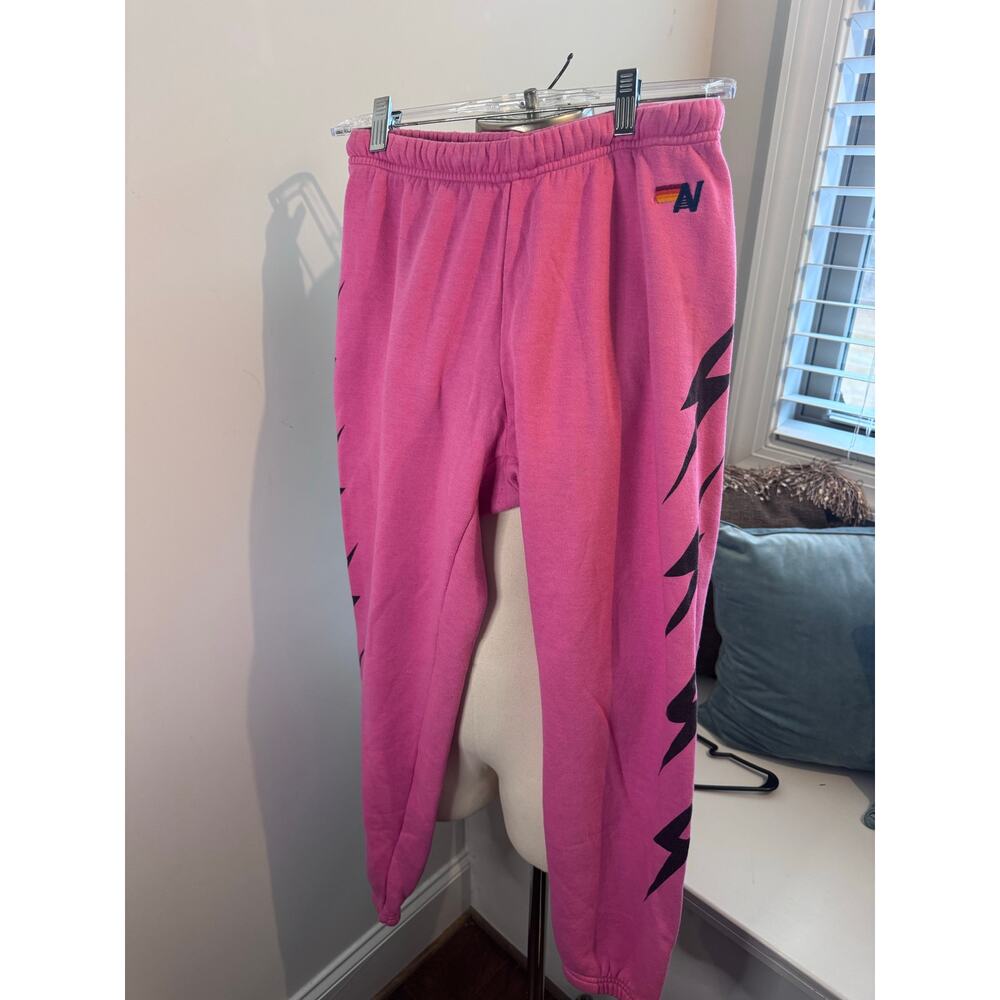 Aviator Nation Bolt sweatpants pink with black lightning bolt size medium